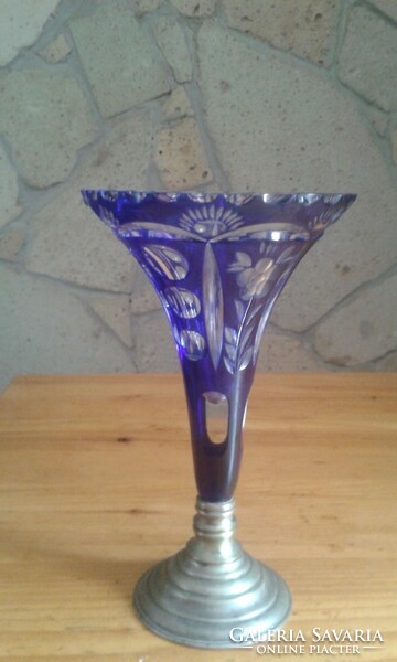Lead crystal vase, cobalt blue, with silver base - from the 1930s