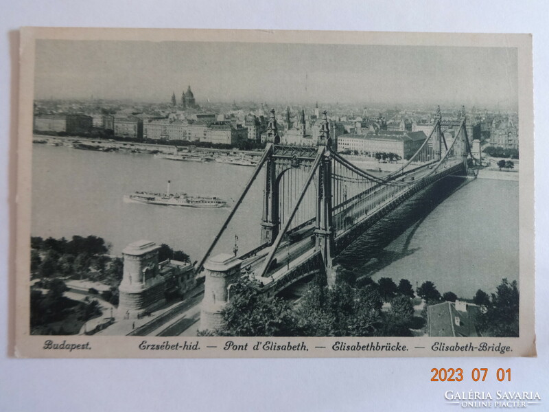 Régi postatiszta képeslap: Budapest, Erzsébet-híd (a régi) - 40-es évek