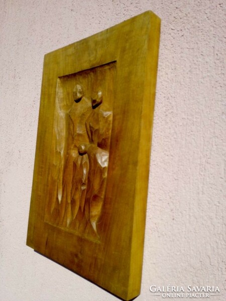 Family. Applied artist carved panel image folk art work. Polish László