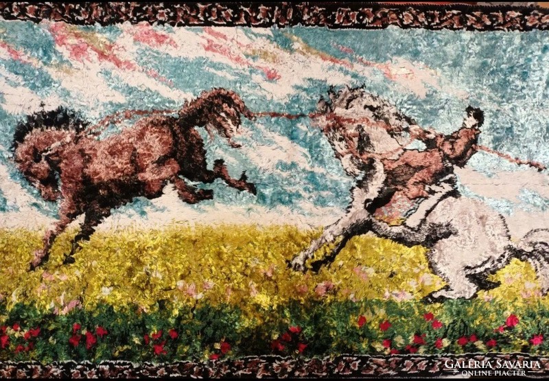 Régi, lovas jelenetet ábrázoló falvédő szép állapotban 94 x 56 cm