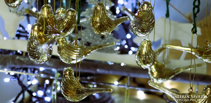 6 darab arany színű üveg madárka karácsonyfadísz I.