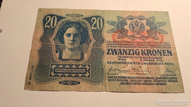 20 korona 1913 VF II. kiadás osztrák oldalon osztrák felül bélyegzés
