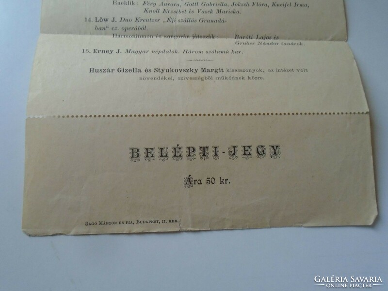 ZA482.21  Hangverseny műsor és belépőjegy 50 kr. 1889 Budapest I.ker. Polg. Leányiskola