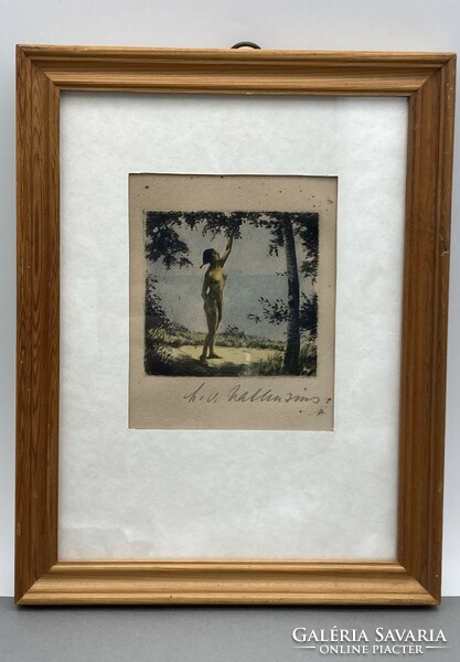 Temptation: colored antique etching, paper, marked, in glazed frame, xix. Second half of No