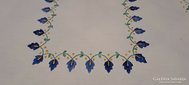 Old embroidered linen tablecloth, gentian runner (m4405)