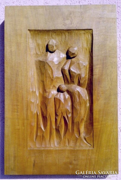 Family. Applied artist carved panel image folk art work. Polish László