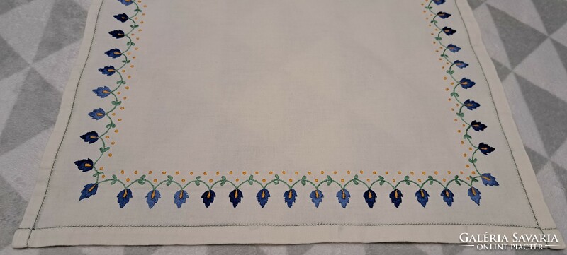 Old embroidered linen tablecloth, gentian runner (m4405)