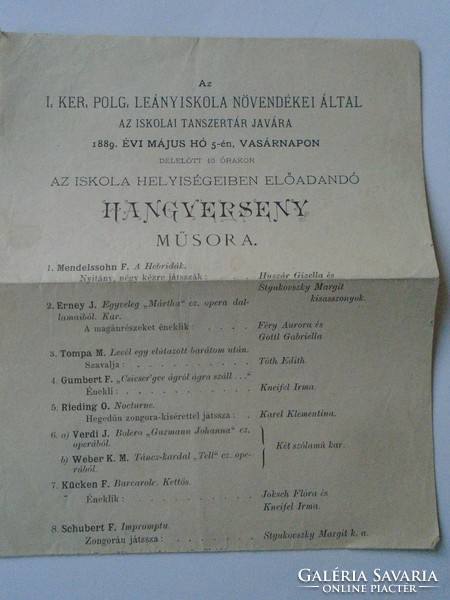 ZA482.21  Hangverseny műsor és belépőjegy 50 kr. 1889 Budapest I.ker. Polg. Leányiskola