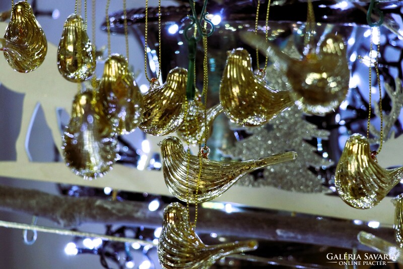 6 darab arany színű üveg madárka karácsonyfadísz I.