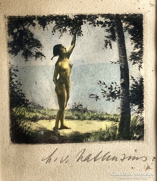 Temptation: colored antique etching, paper, marked, in glazed frame, xix. Second half of No
