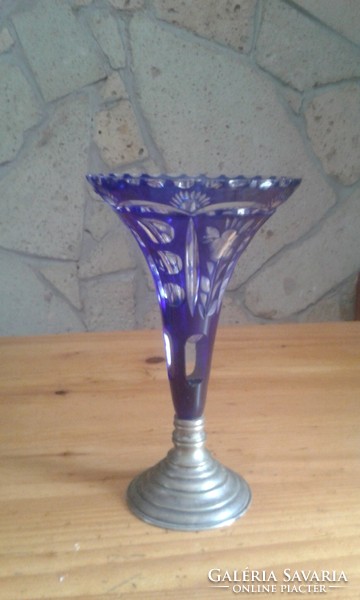 Lead crystal vase, cobalt blue, with silver base - from the 1930s