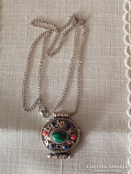 Silver or silver-plated, semi-precious stones - coral, malachite, lapis lazuli - pendant with chain for Mother's Day