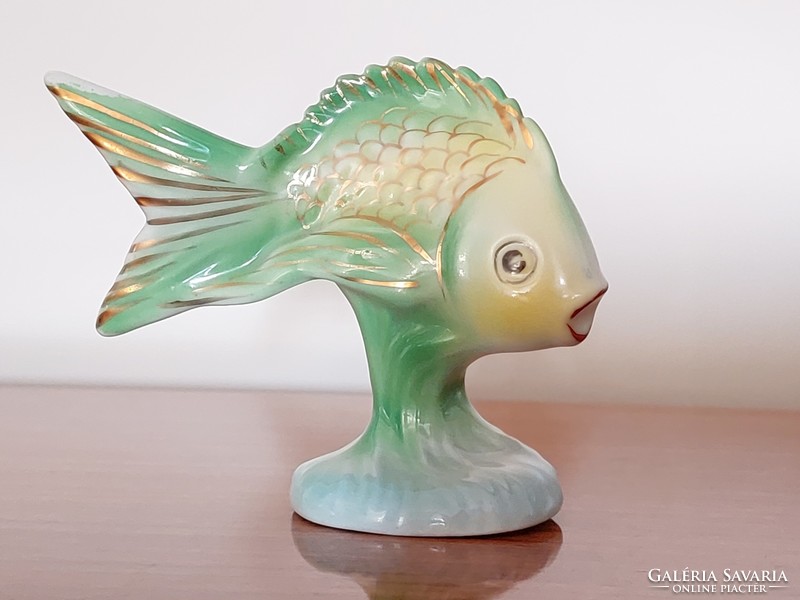 Old Hólloháza porcelain green fish carp fish