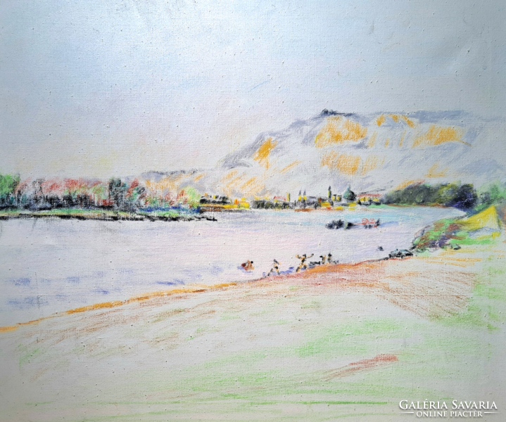 Beach shorts - pastel on canvas - Danube bank? Waterside lifestyle