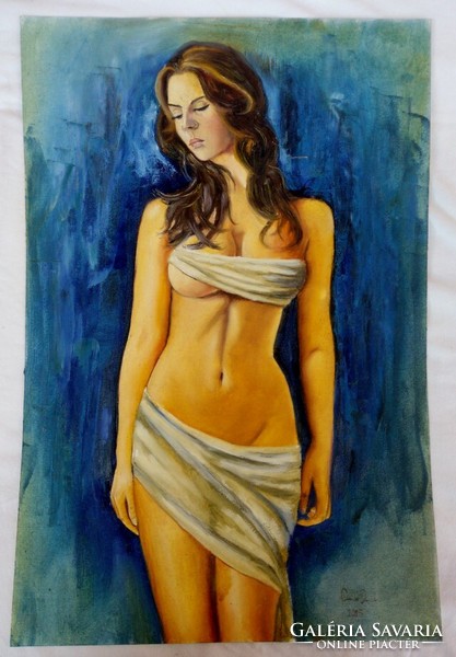 Wrapped in a nude sheet is a painting by contemporary artist Dezső Czakó