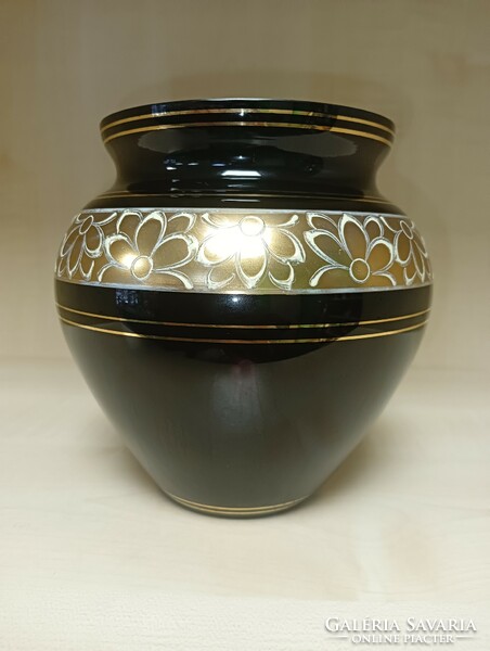 Gilded black glass vase