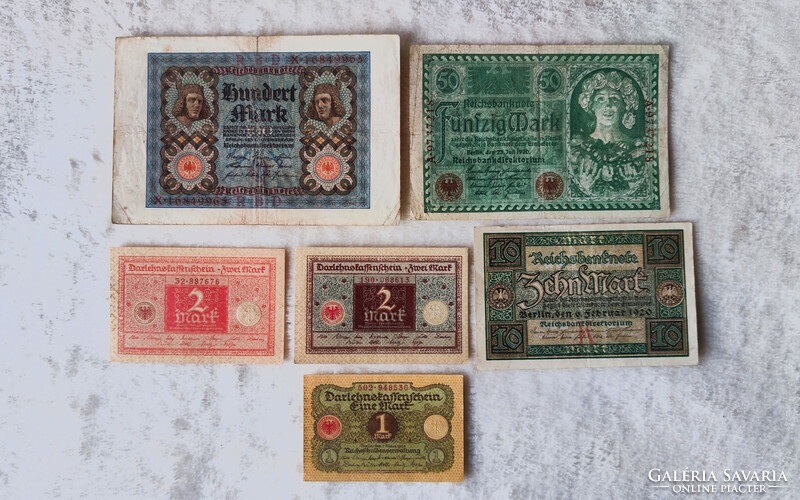 1920 stamp series: 1, 2 (red, blue), 10, 50 100 (unc-vf) German Weimar Republic | 6 banknotes