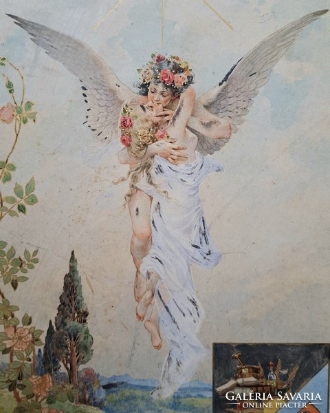 Kiss of Angels - masterpiece watercolor blondel in frame, old picture
