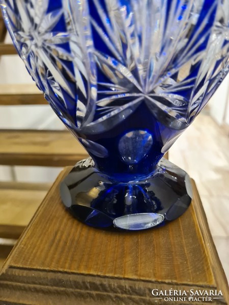 Ezüst peremű csiszolt kék régi üvegváza