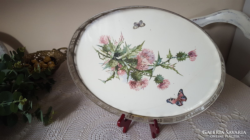 Old oval tray with porcelain inlay and metal frame