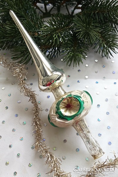 Régi festett üveg reflexes karácsonyfa dísz csúcsdísz 21cm