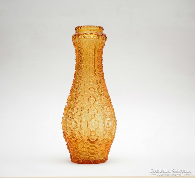 Mid Century Cseh Sárga Üveg Virágos Váza / Retró váza