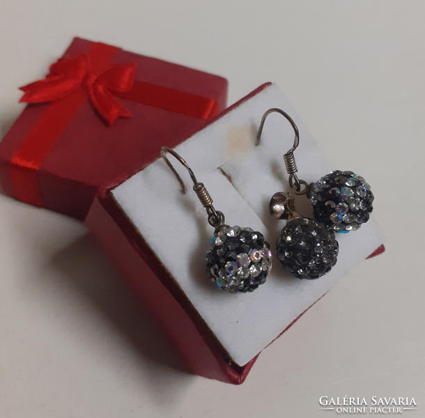 Marked hook-on earrings with a pendant, studded with sparkling polished stones in a decorative box