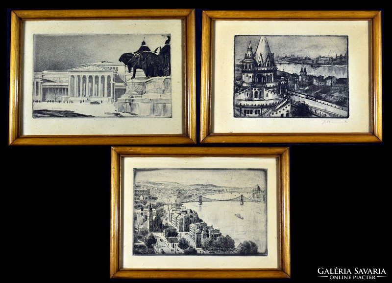 XX. Sz. Közepe Hungarian painters: Budapest skyline miniatures 3 pieces!