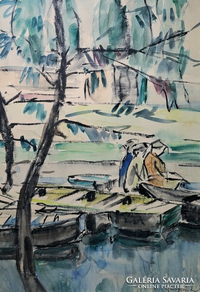 Gáspárdy Sándor (1909-1986): Vízparti életkép, 1962 (keretezett akvarell) csónakok, kikötő
