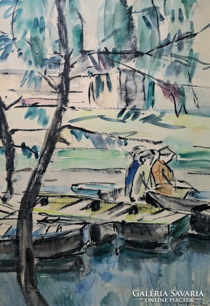 Sándor Gáspárdy (1909-1986): waterfront life, 1962 (framed watercolor) boats, harbor