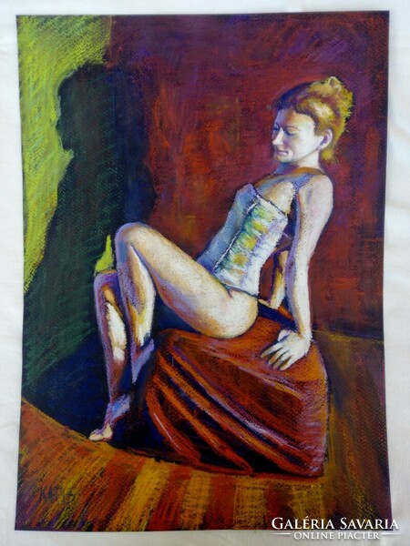 Nude model in corset modern impressionist painting. Created by Tamás Attila Kagyerják