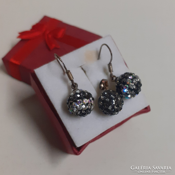Marked hook-on earrings with a pendant, studded with sparkling polished stones in a decorative box