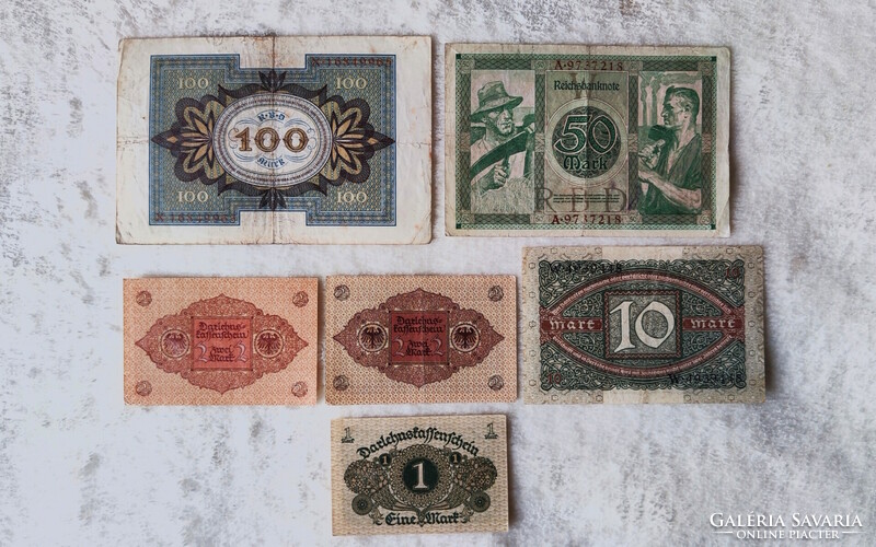 1920 stamp series: 1, 2 (red, blue), 10, 50 100 (unc-vf) German Weimar Republic | 6 banknotes