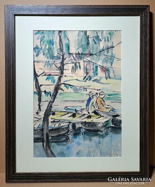 Sándor Gáspárdy (1909-1986): waterfront life, 1962 (framed watercolor) boats, harbor