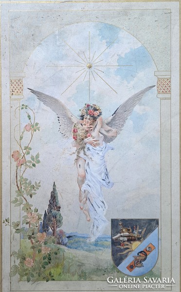 Angyalok csókja - remekmű akvarell blondel keretben, régi kép