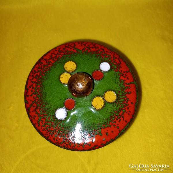 Metal lidded jewelry holder, storage, sugar holder. With fire enamel decoration.