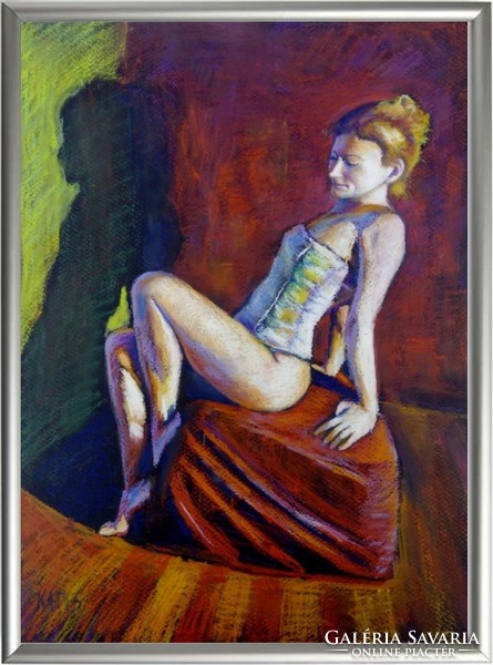 Nude model in corset modern impressionist painting. Created by Tamás Attila Kagyerják