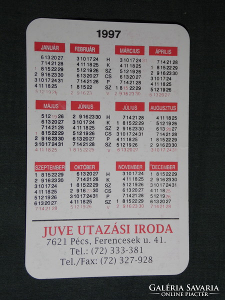 Kártyanaptár, Juve utazási iroda, Pécs, grafikai rajzos,  1997,   (5)