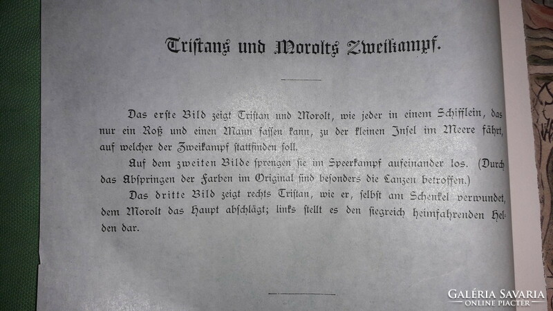 Régi hártyalapos német gótbetűs könyv litográfia : Tristan és Morolt TRISTAN monda a képek szerint