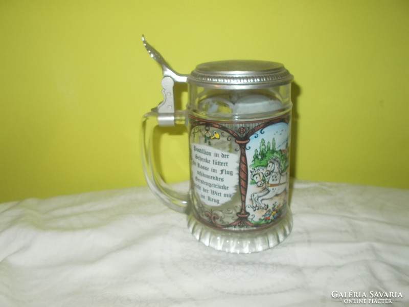 Glass cup with lid and jug scene