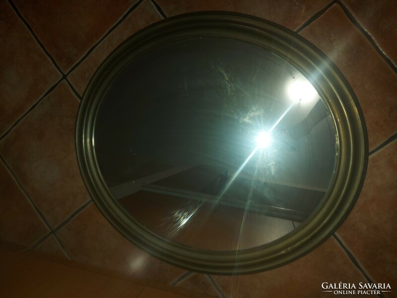 Art-deco tükör, patinás, lépcsőzetes, ovális réz kerettel, 72x64/59×51 cm, akasztóval
