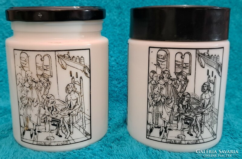 2 spice holders with medieval scenes, apothecary glass (m4418)