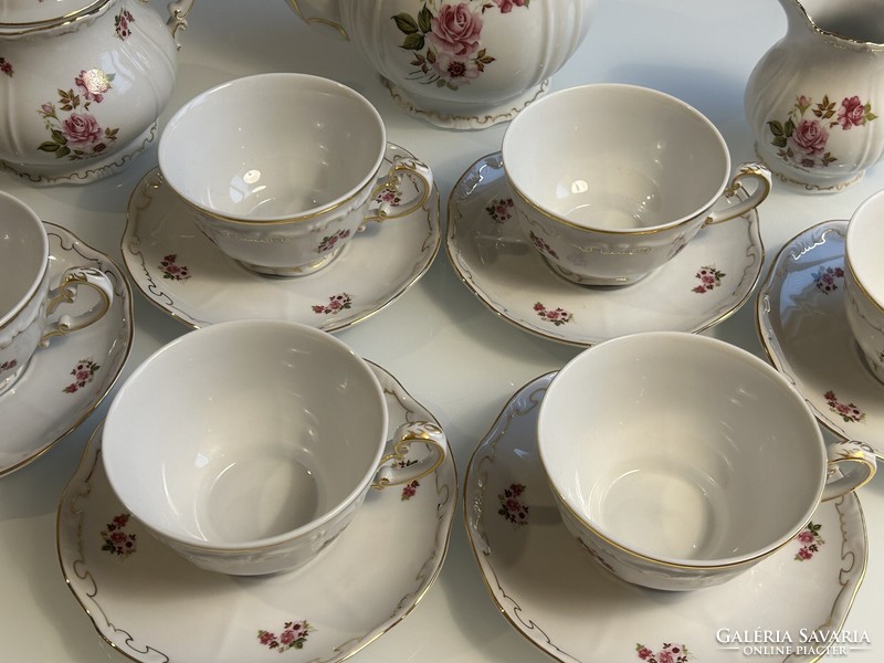Zsolnay rózsa mintás arany tollazott 6 személyes porcelán teáskészlet