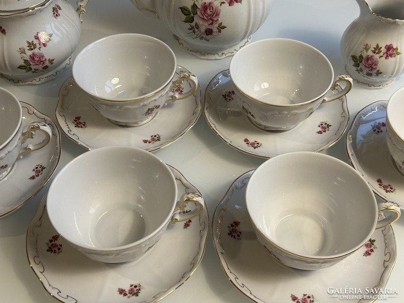 Zsolnay gold feathered 6-person porcelain tea set with rose pattern