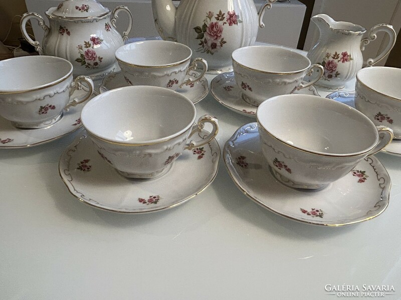 Zsolnay rózsa mintás arany tollazott 6 személyes porcelán teáskészlet
