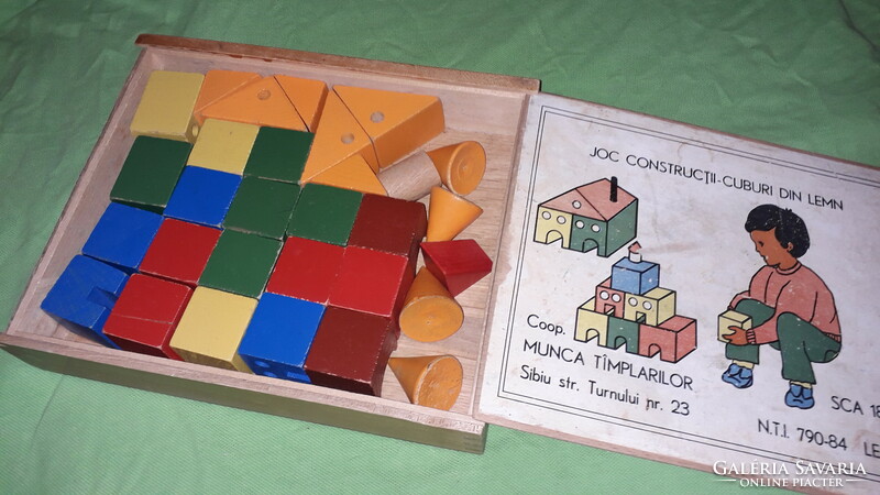 Old Romanian toy wooden building block set with box 26 x 21 x 6 cm as shown in the pictures