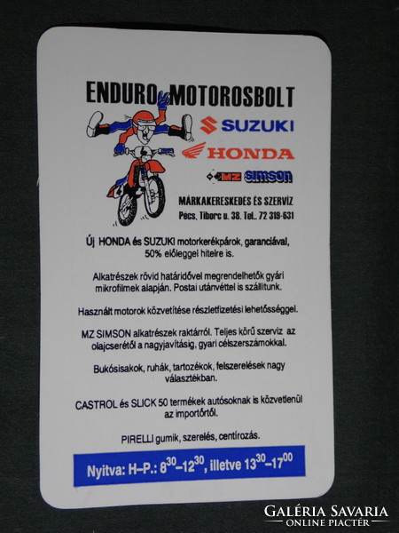 Kártyanaptár, Enduro motorosbolt,MZ ,Simson kereskedés szerviz,Pécs,grafikai rajzos, 1996,   (5)