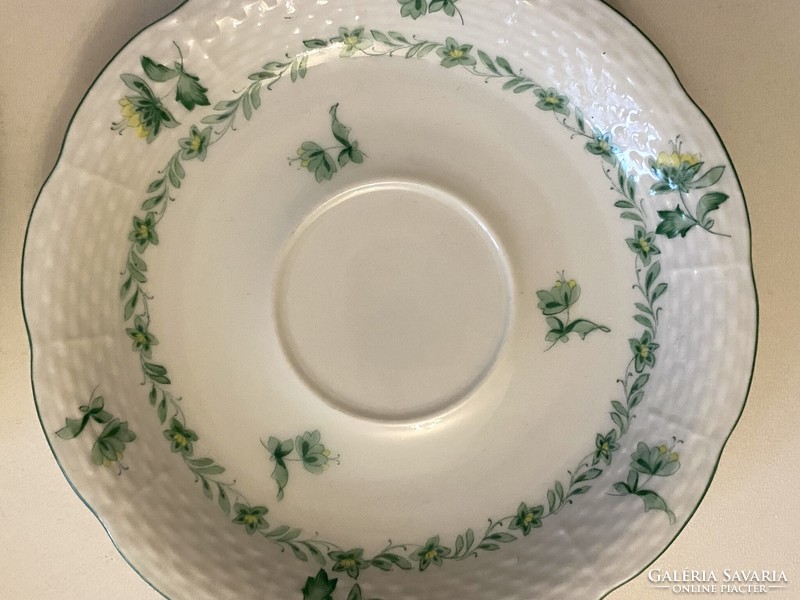 4 DB ZÖLD VIRÁGGAL FESTETT HERENDI PORCELÁN CSÉSZE ALÁTÉT TÁNYÉR 15.5 CM