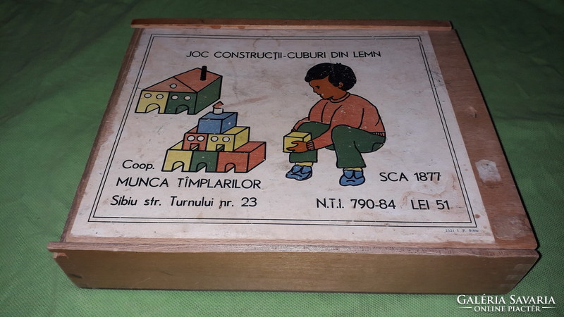 Old Romanian toy wooden building block set with box 26 x 21 x 6 cm as shown in the pictures