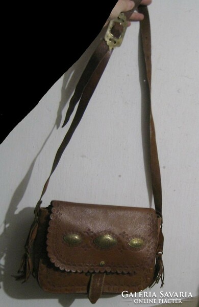 Indian, hippie leather bag, with copper ornaments, shoulder bag, satchel
